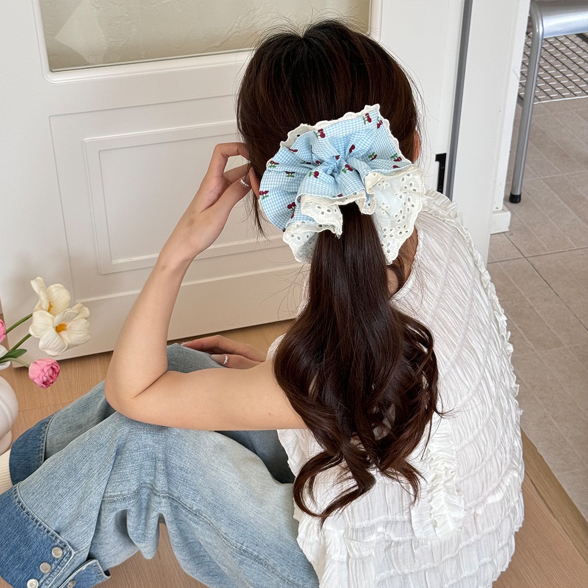 Women Casual Cloth Lace Scarf Hair Ties Sweet Cherry Plaid Floral