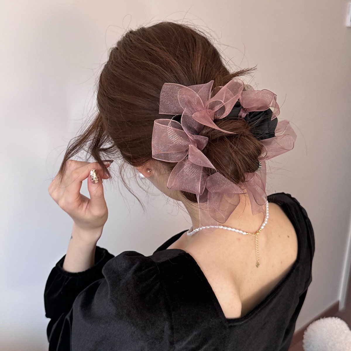 Women's Large Fluffy Lace Bow Hair Tie Summer French Lazy Hairband Pink