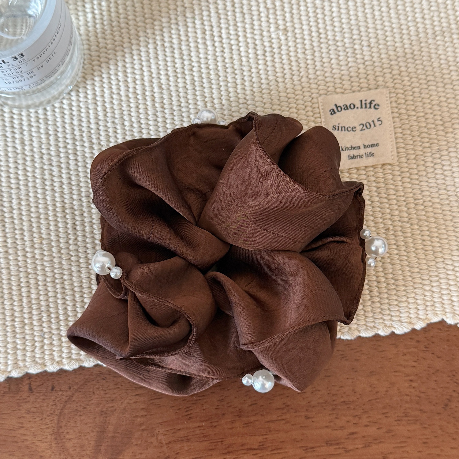 Women's Elegant Satin Pearl Pleated Flower Hair Tie Elastic Bun Band