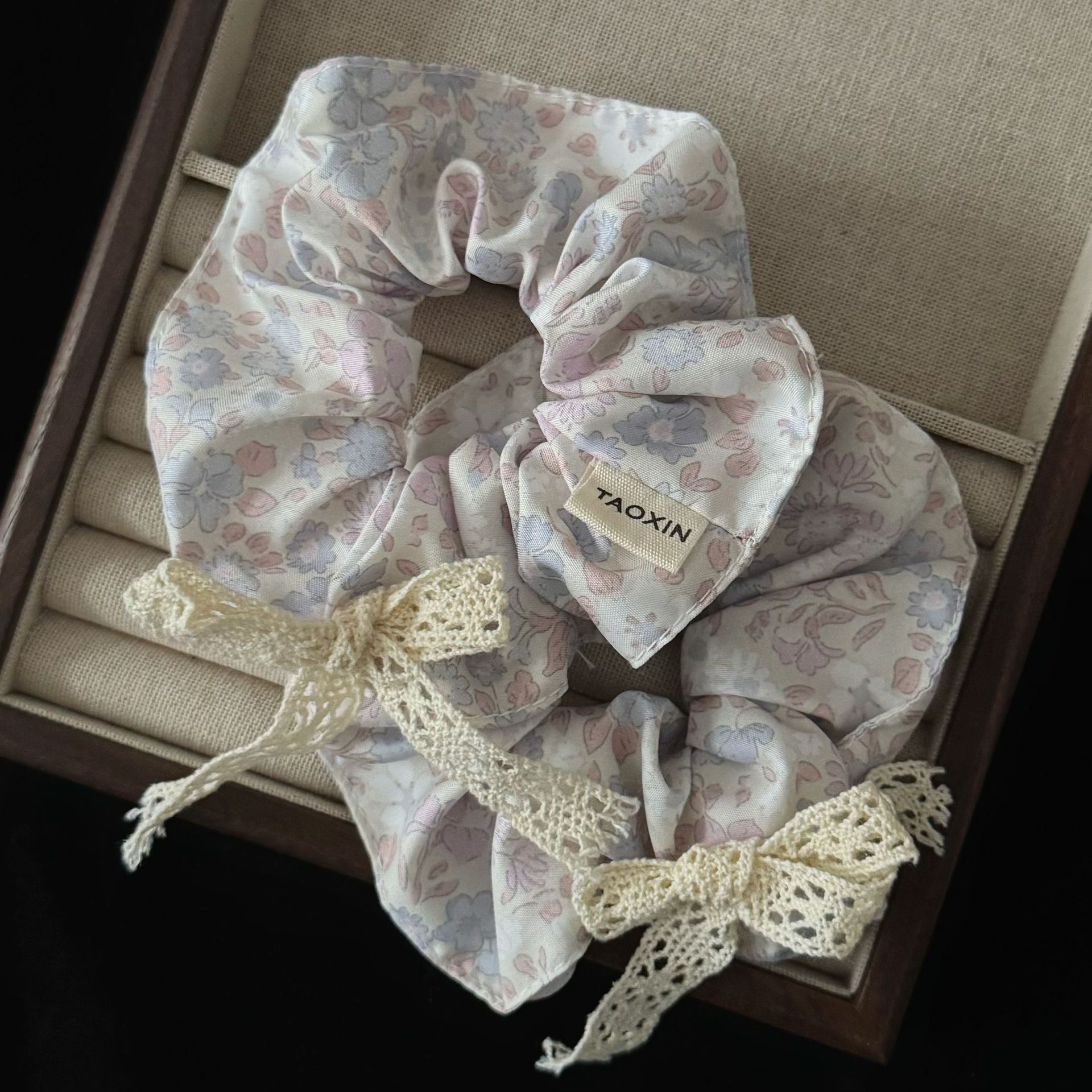 Girls Sweet Purple Floral Bow Scrunchie Large Elastic Cloth Ponytail Hair Tie