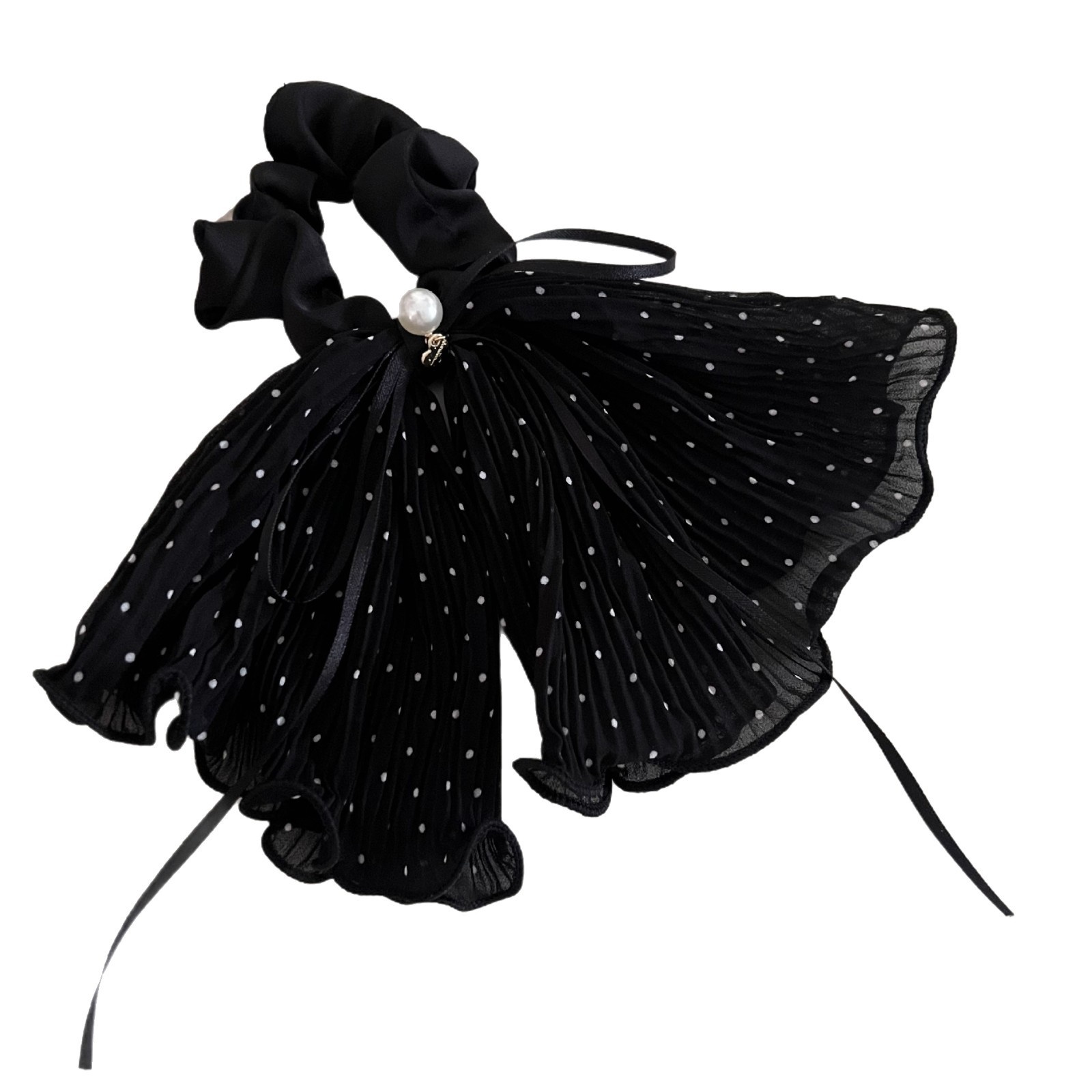 Women's Elegant French Gauze Bowknot Hair Tie Black White Polka Dot