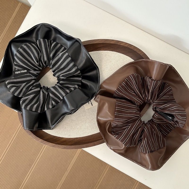 Women's Autumn Vintage Leather Ruffle Ponytail Hair Ties Striped Patchwork