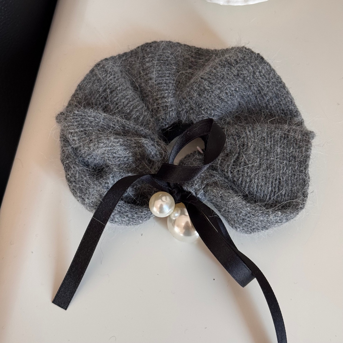 Women's High-end Pearl Knitted Wool Hairband Winter Ribbon Bow Bun Tie