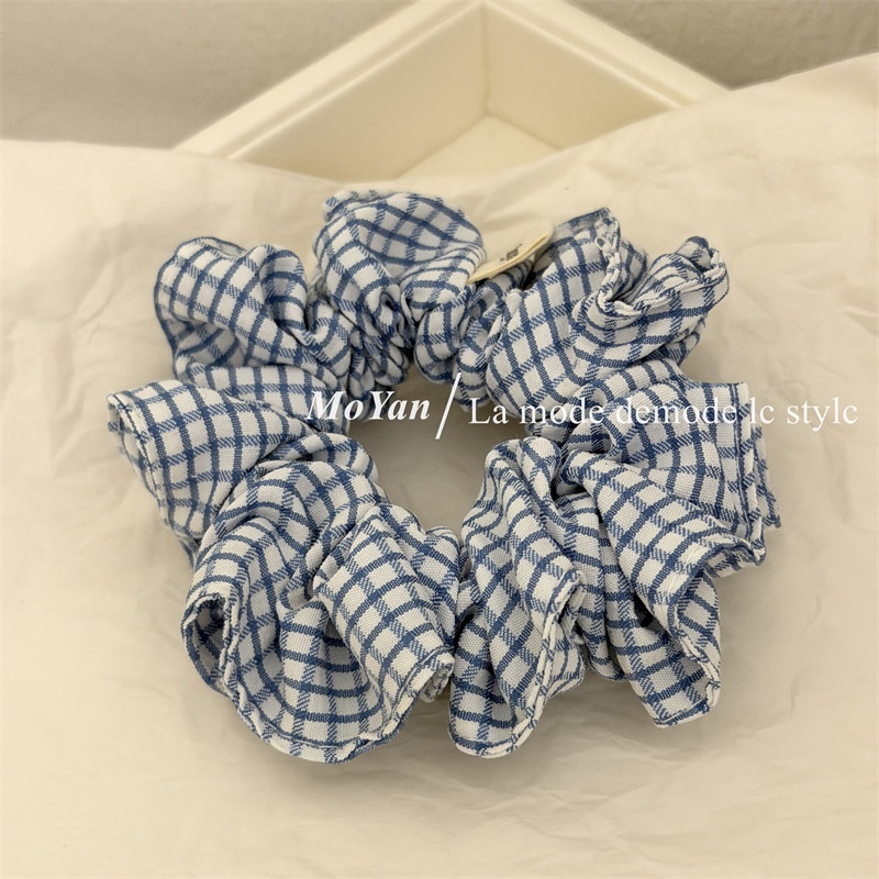 Women's All Season Cloth Hair Scrunchies Blue White Checkered Plaid