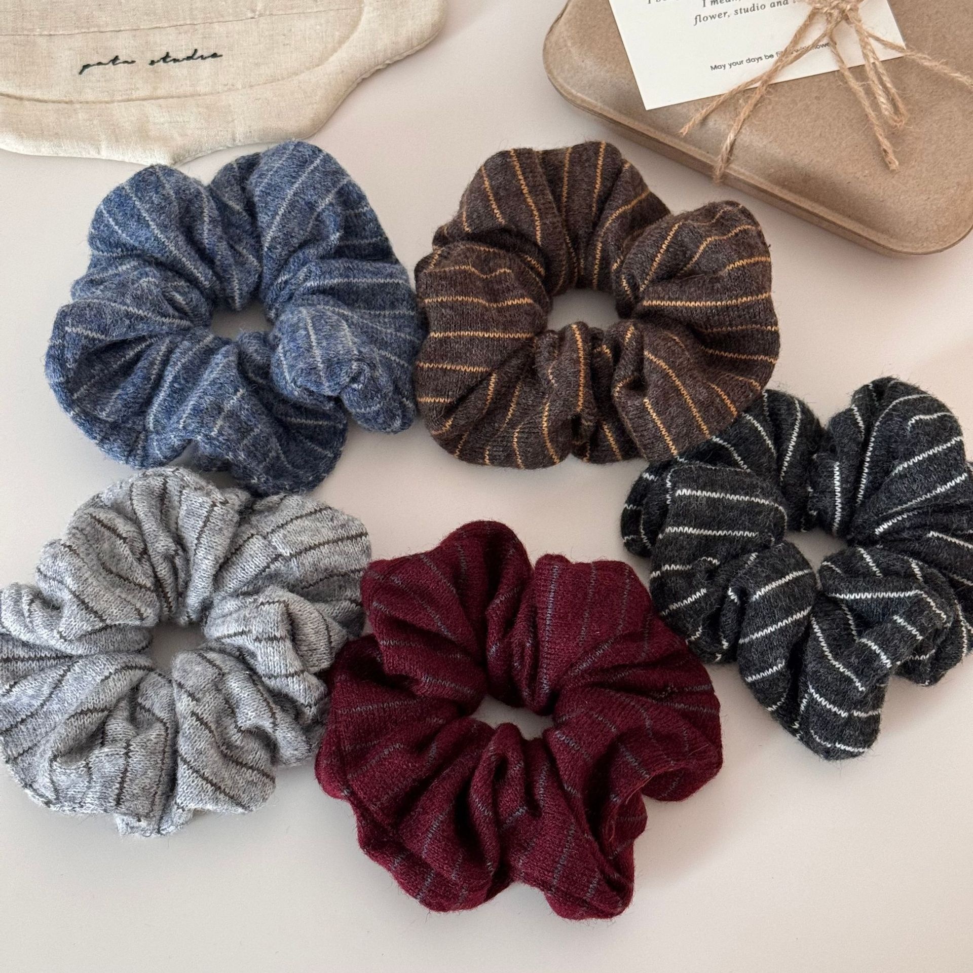 Girls Premium Knitted Woolen Bun Hair Ties Autumn Winter Striped