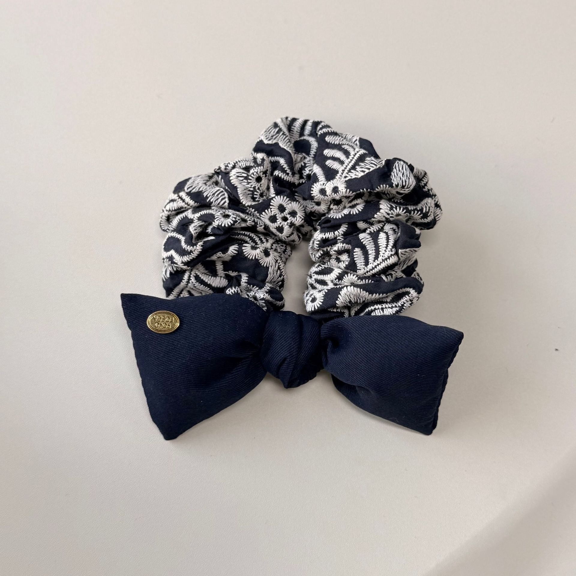 Women's Vintage Winter Cloth Bow Bun Hair Tie Embroidered Coffee Blue