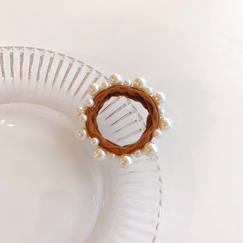 Women's Milk Tea Oval Pearl Hair Ties Seamless Elastic Handmade Towel Rings