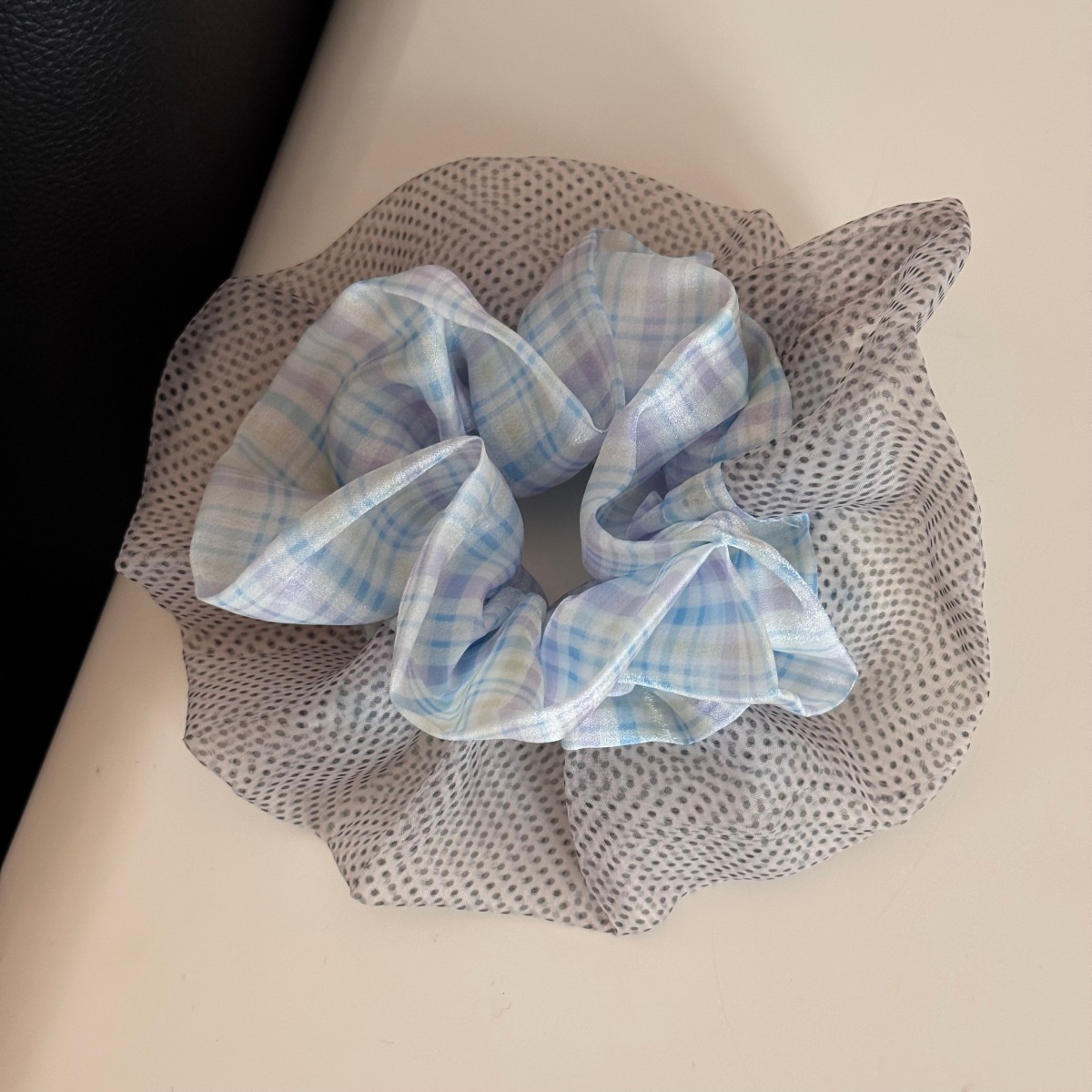 Women's Oversized Spring Tulle Hair Tie Scrunchie Green Polka Dots
