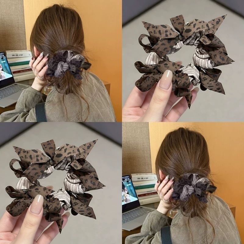 Women's Retro Winter Knit Cloth Bowknot Hair Tie Leopard Print