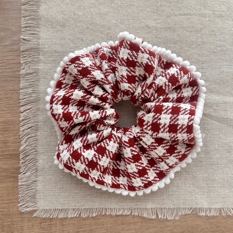 Ladies Christmas Cotton Multi-Layer Hair Tie Scrunchie Red Plaid