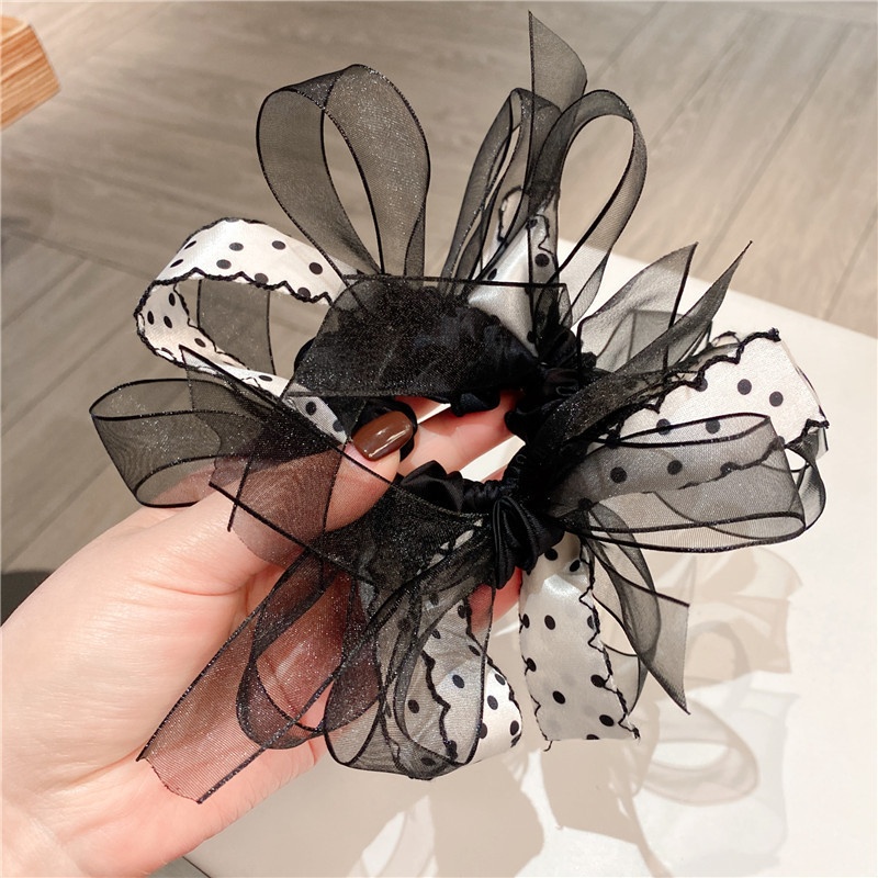 Women's Voluminous Gauze Lazy Hair Scrunchie Polka Dot Bow Knot