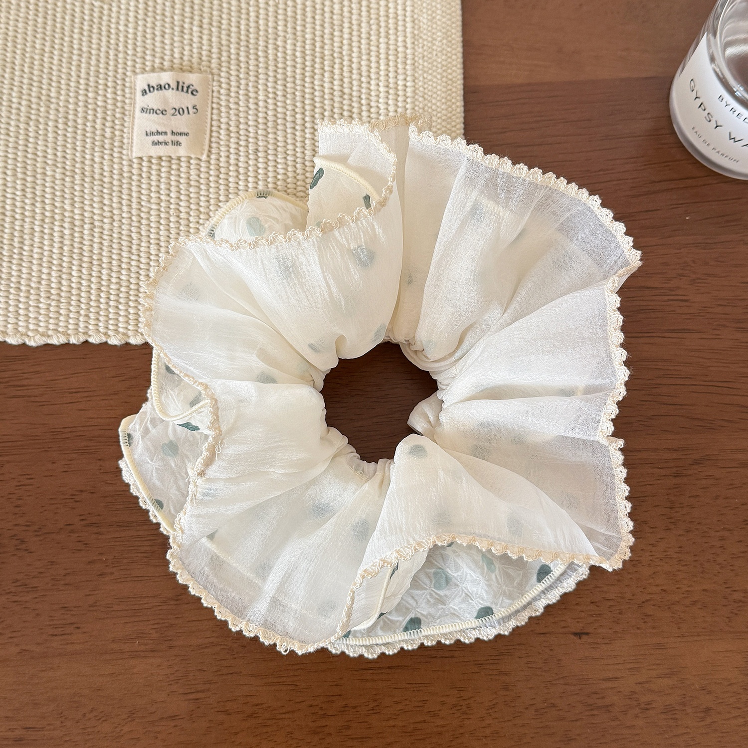 Women's Sweet Spring Gauze Hair Tie Scrunchie Grey Polka Dots