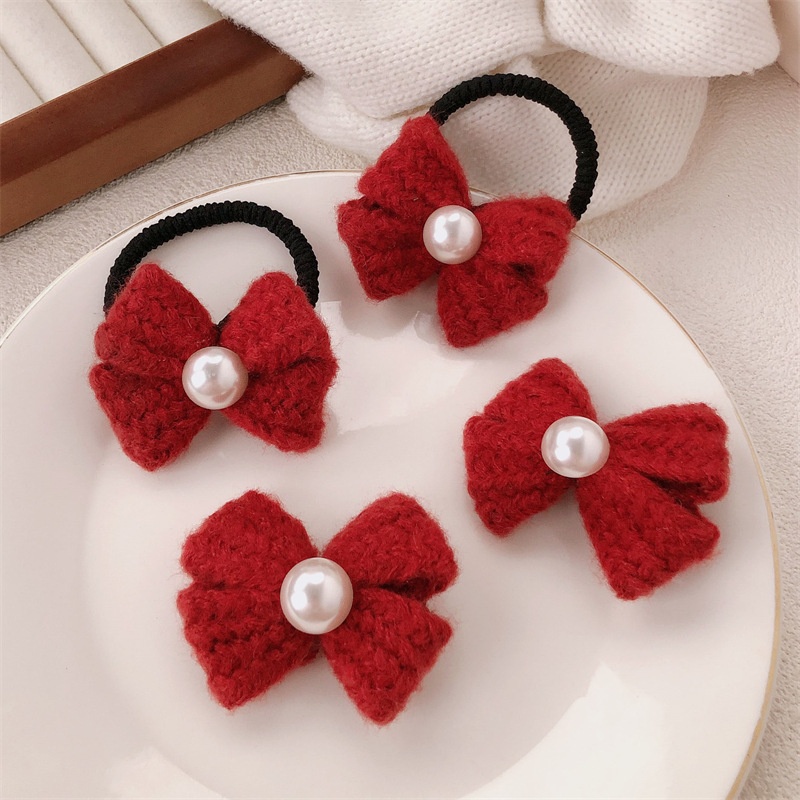 Women's Festive Red Wool Bow Hairband & Pearl Elastic Hair Tie for Winter