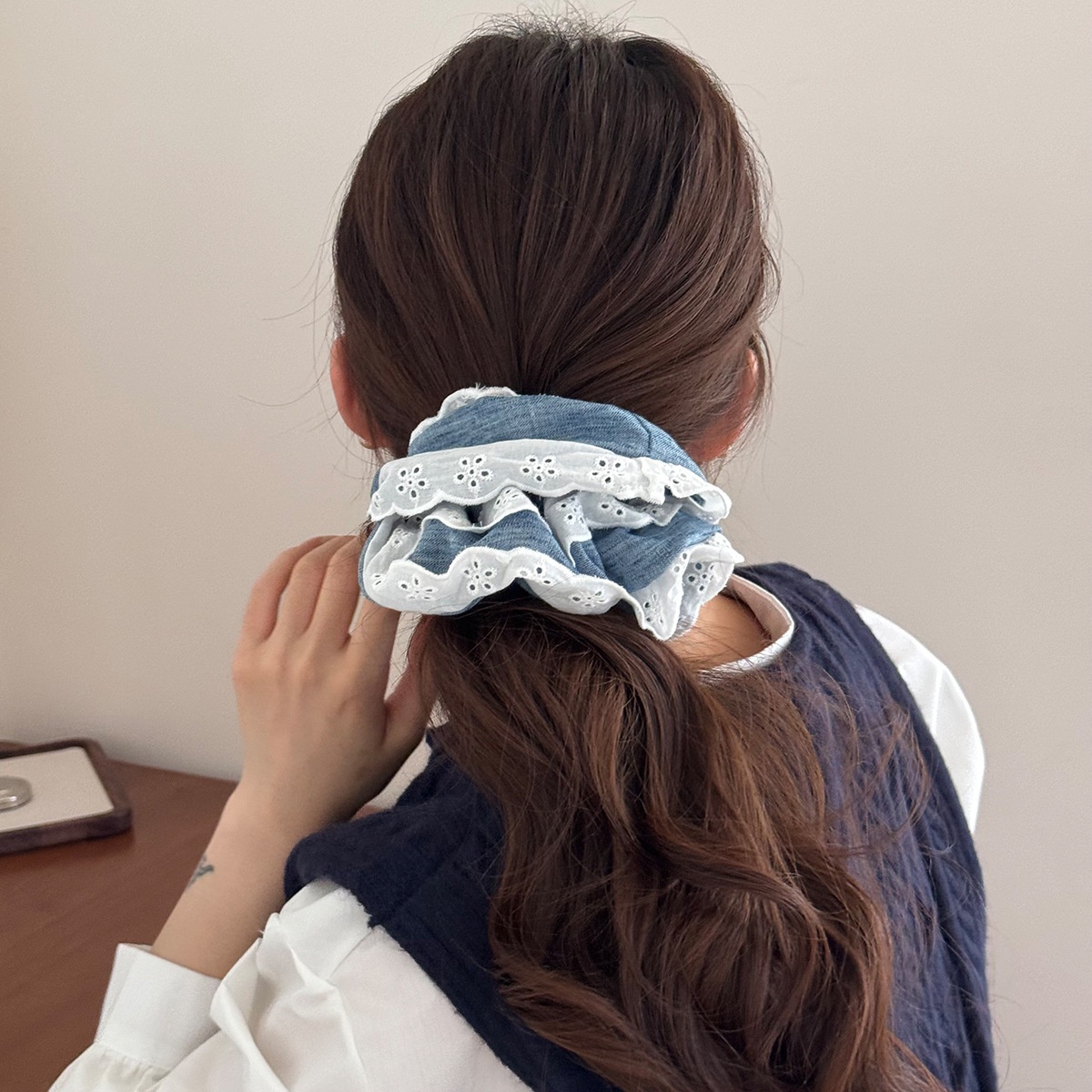 Women's Soft Cloth Elastic Bun Hair Bands Retro Lace Trim Polka Dot