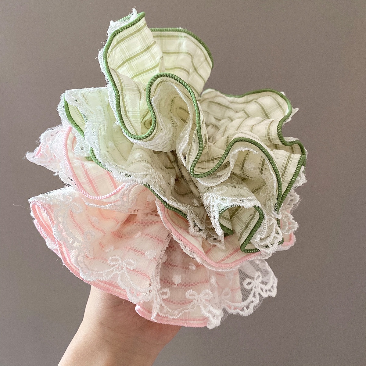 Women's Sweet Spring Soft Cloth Lace Bowknot Hair Tie Green Plaid