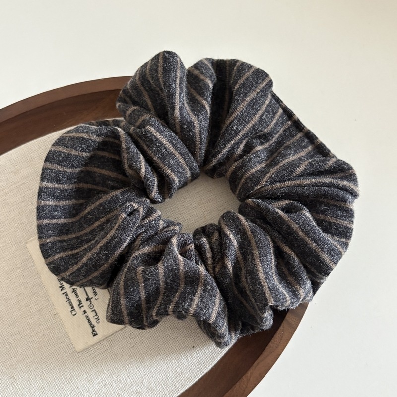 Women's Everyday Spring Knit Hair Tie Scrunchie Dark Grey Stripe