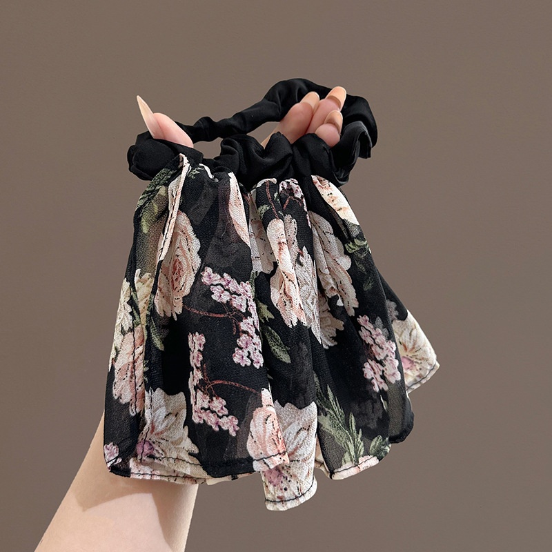 Women Hair Tie Stylish Gauze Floral Print Elastic Scrunchie Black
