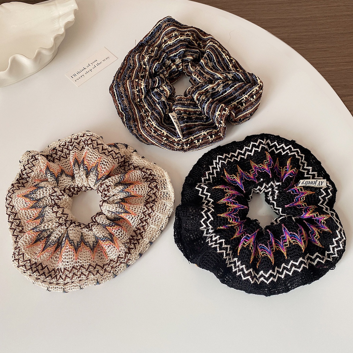 Women's Hand-Woven Large Cloth Hairband Color-Block Floral Grid Black & Coffee