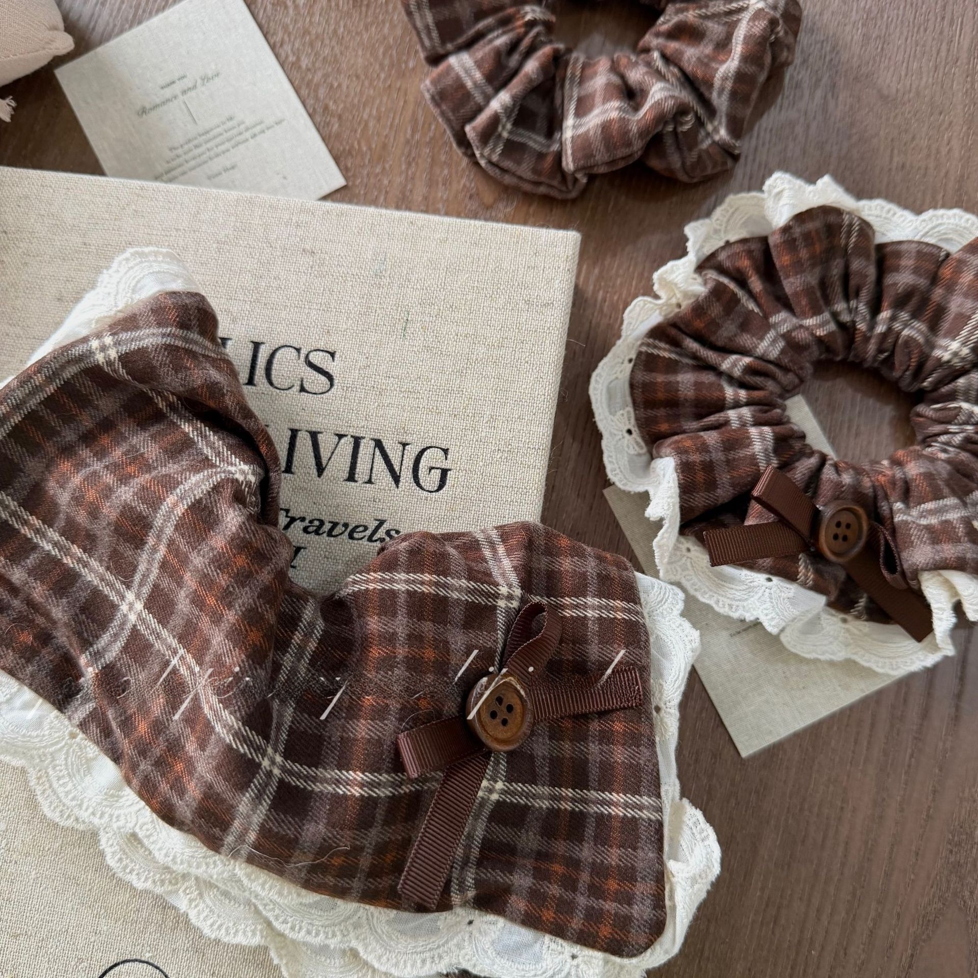 Women's French Style Autumn Winter Cloth Hair Tie Coffee Plaid