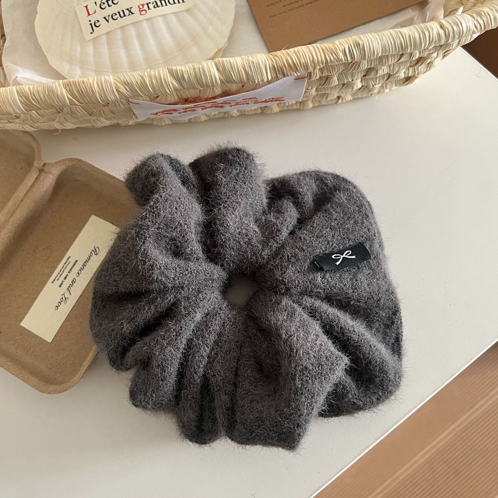 Women's Autumn Winter Plush Bowknot Hair Tie Scrunchie Brown Grey Black