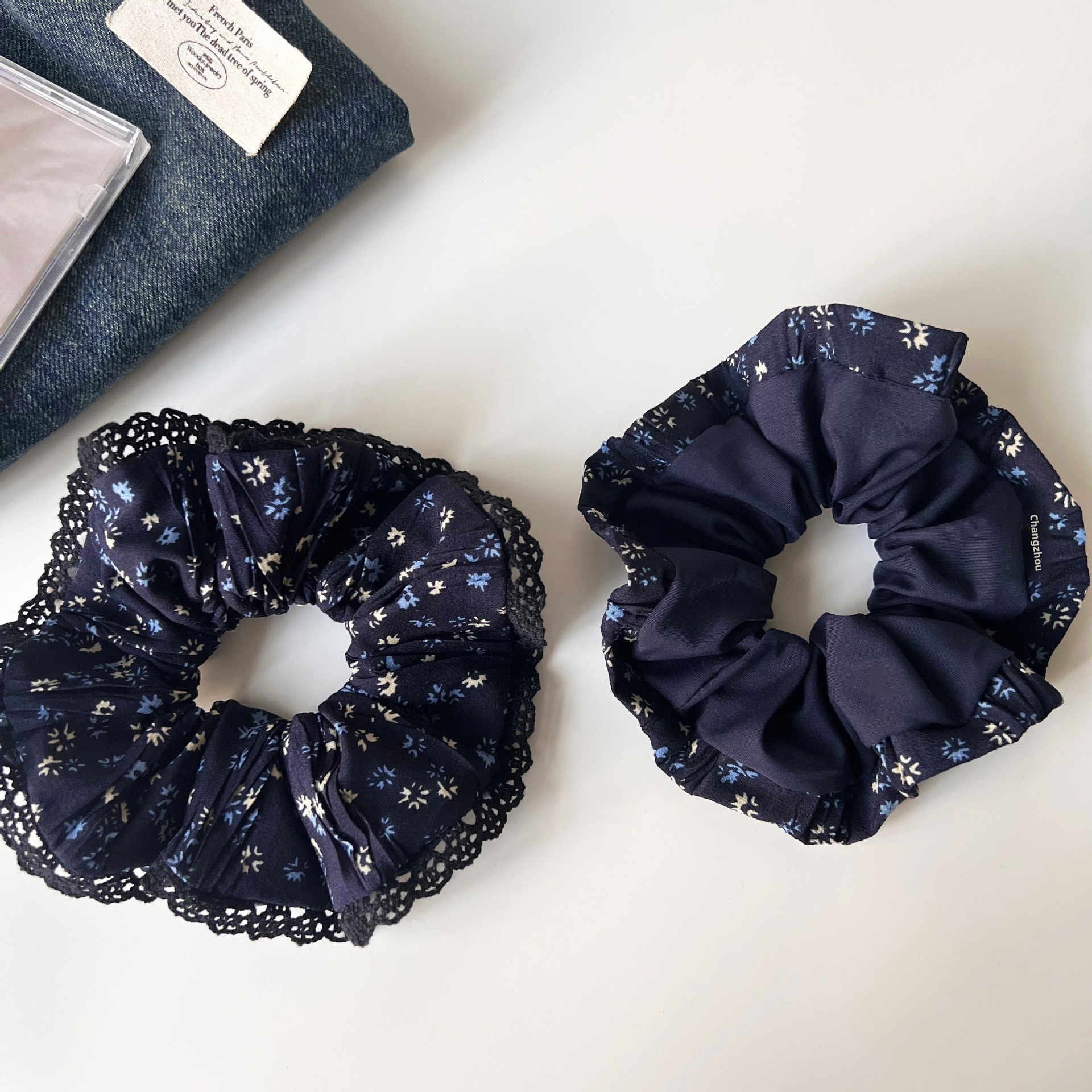 Women's Autumn Retro Cloth Hair Tie Navy Blue Ditsy Floral