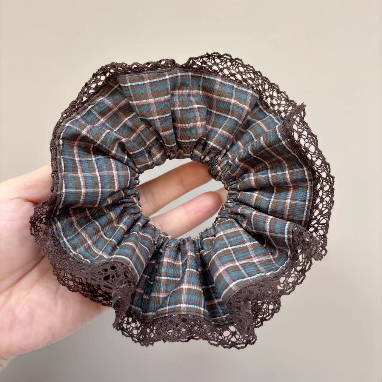 Women's Spring Cloth Hair Tie Scrunchie Coffee British Plaid Lace