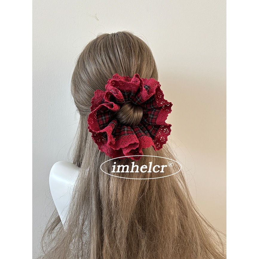 Women's New Year Festive Cloth Hair Bun Scrunchie Red Lace Plaid