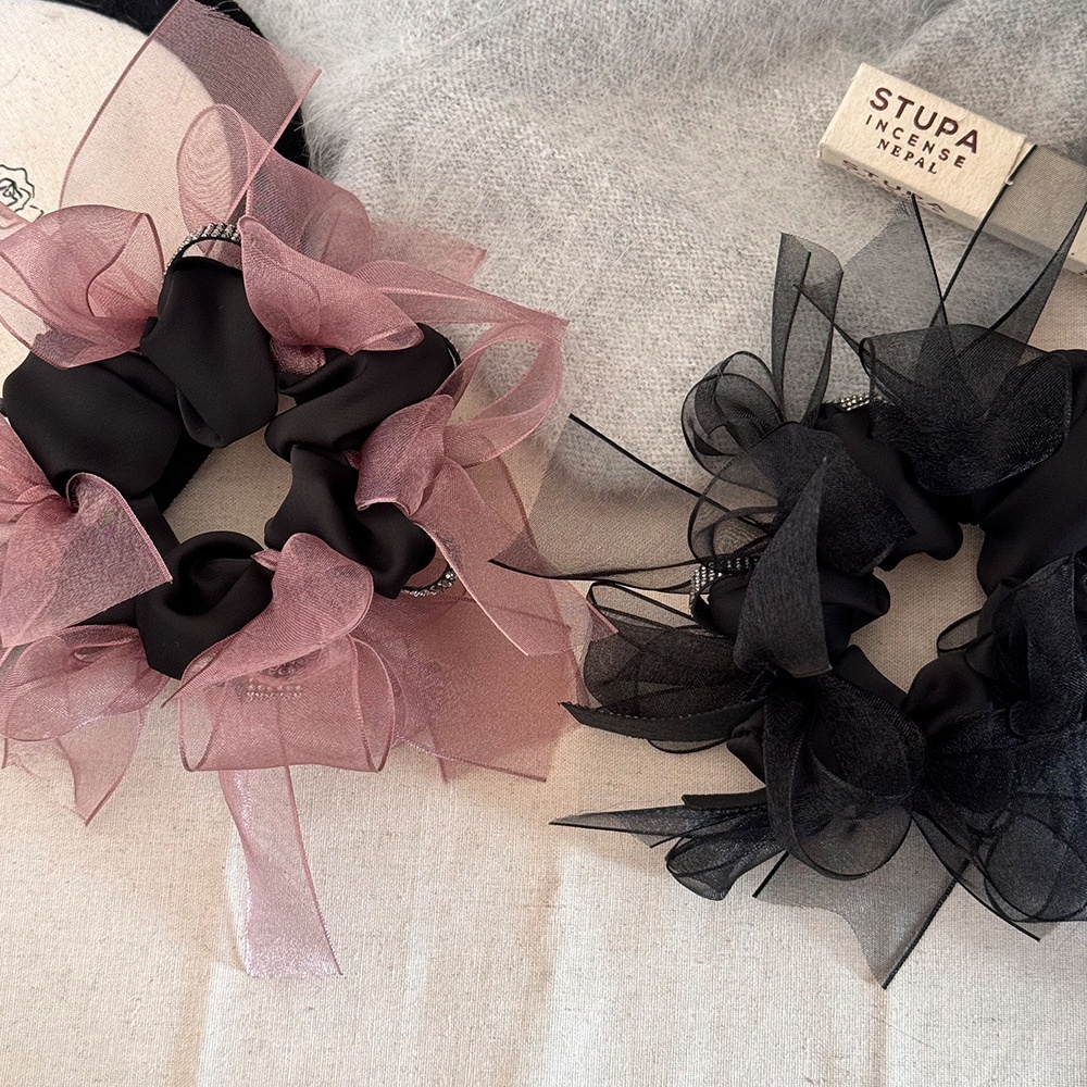 Women's Large Fluffy Lace Bow Hair Tie Summer French Lazy Hairband Pink