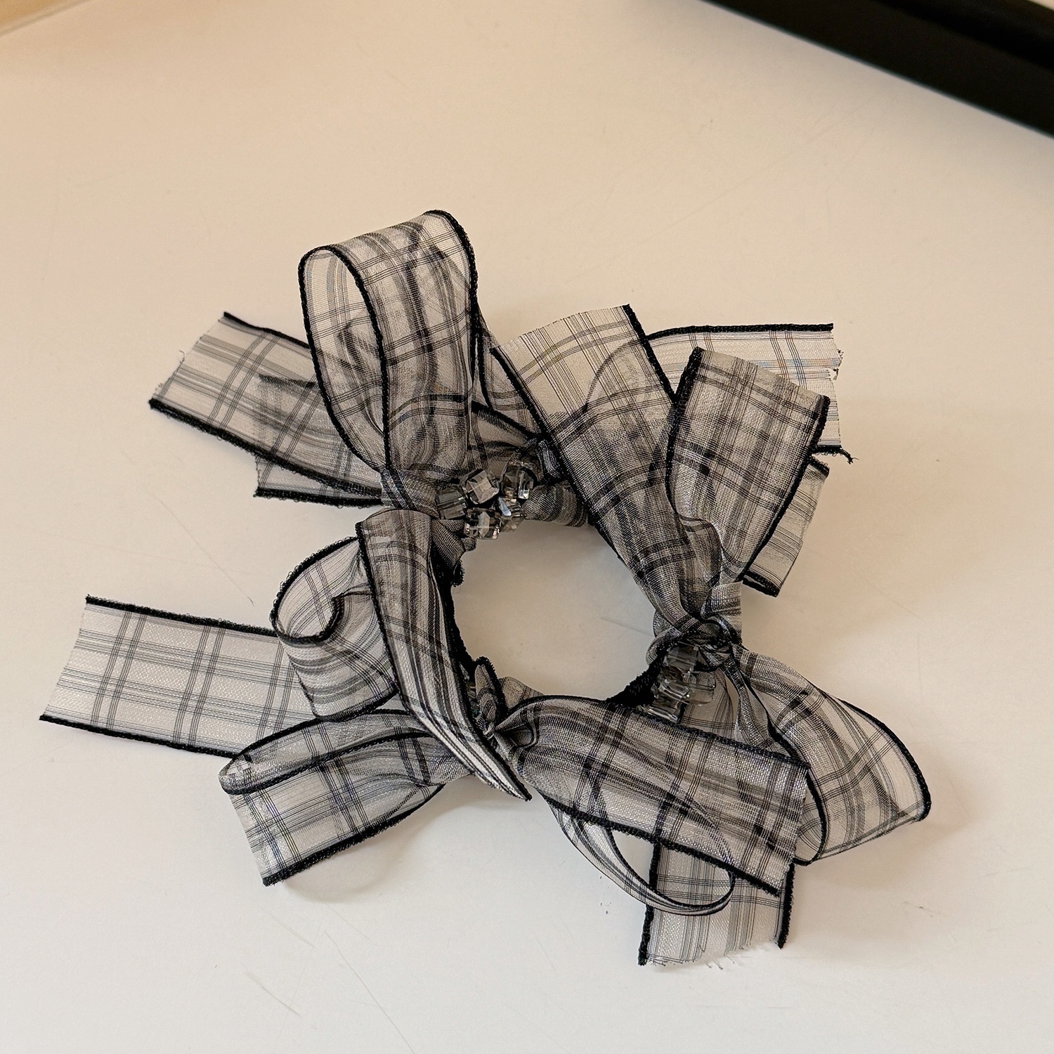 Women's Soft Gauze Bowknot Hair Tie For Spring Styling Black Plaid