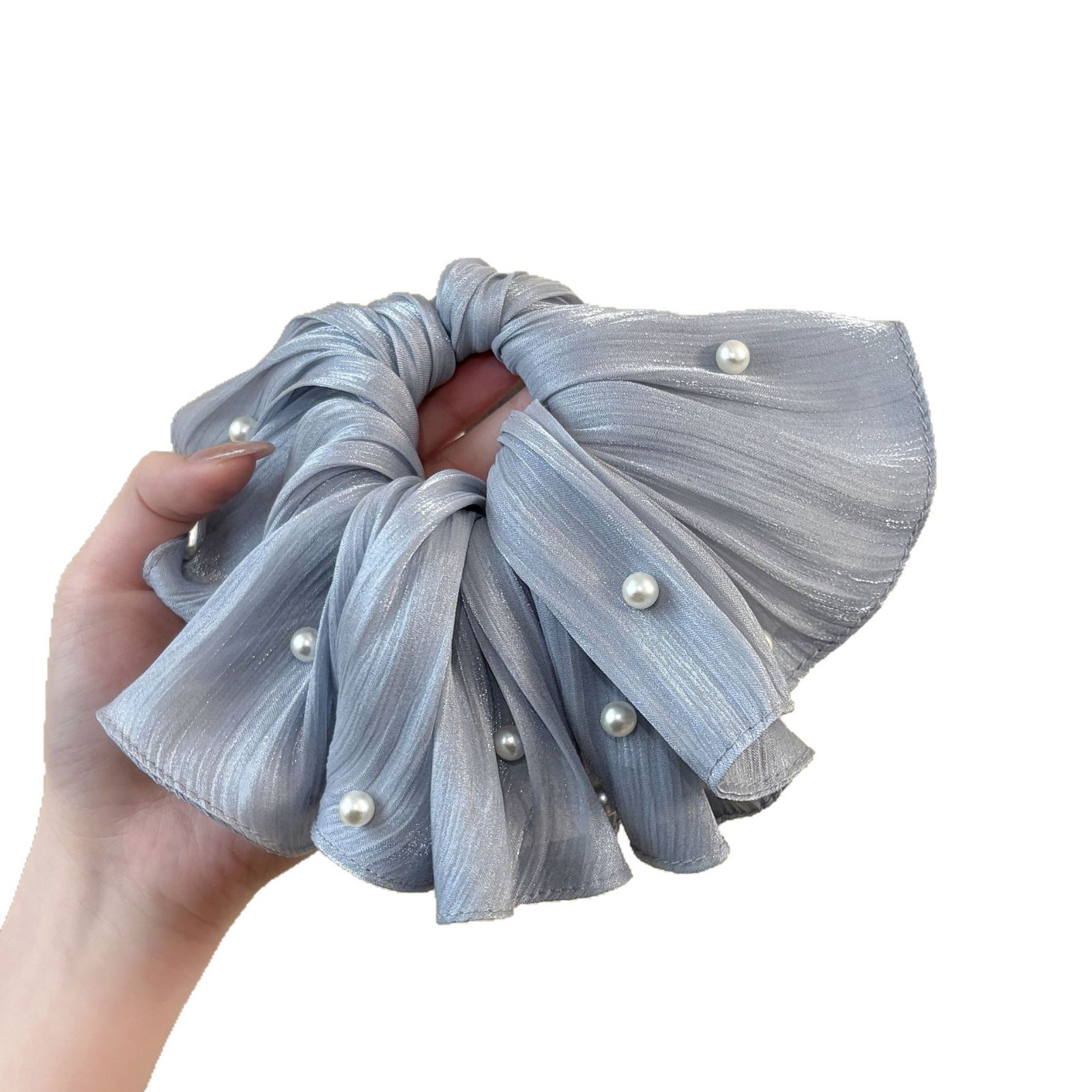 Women's Spring High-End Silky Pleated Pearl Streamer Large Hair Ring