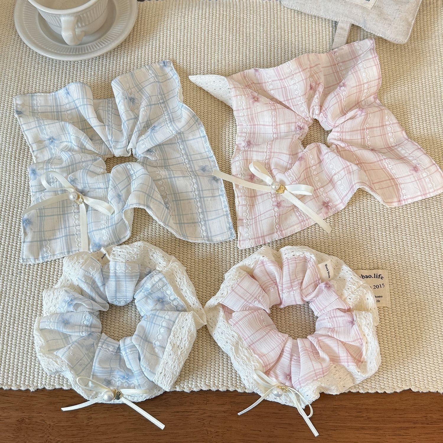 Women's Sweet Spring Summer Lace Bow Cloth Hair Tie Pink Blue Plaid