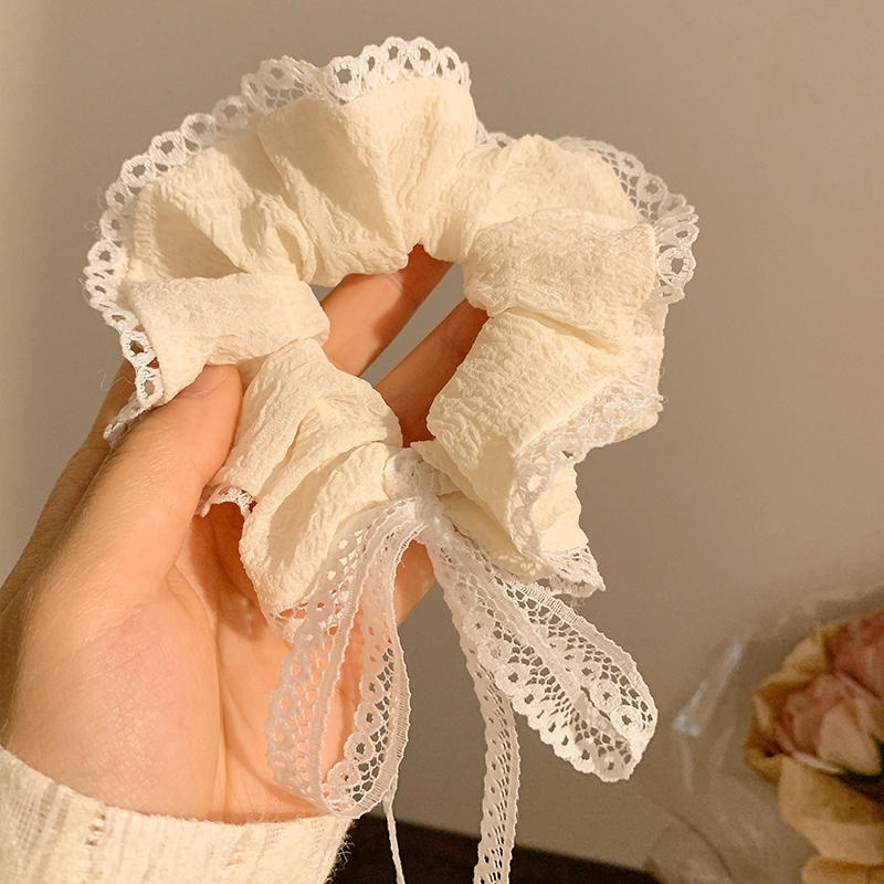 Women's Large Mori Style Scrunchie Beige Polka Dot Cloth Hair Tie