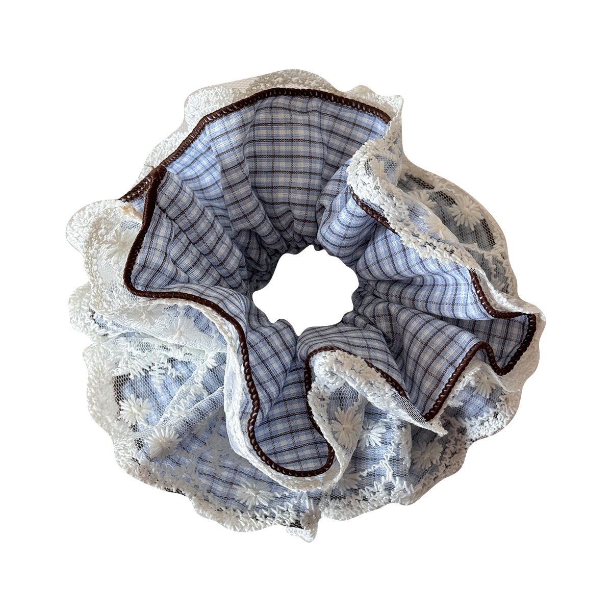 Women's Spring Cloth Scrunchie Hair Tie Blue Plaid Lace