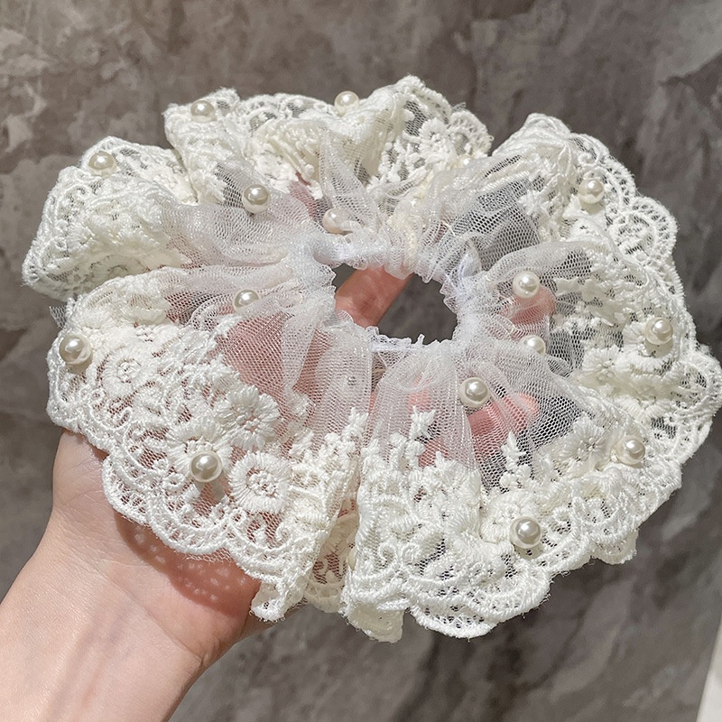 Women's Pearl Lace Ruffle Low Bun Scrunchies Ocean Rose Pattern
