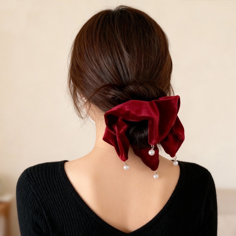 Women Pearl Velvet Scarf Hair Tie Braid Accessory Solid Color