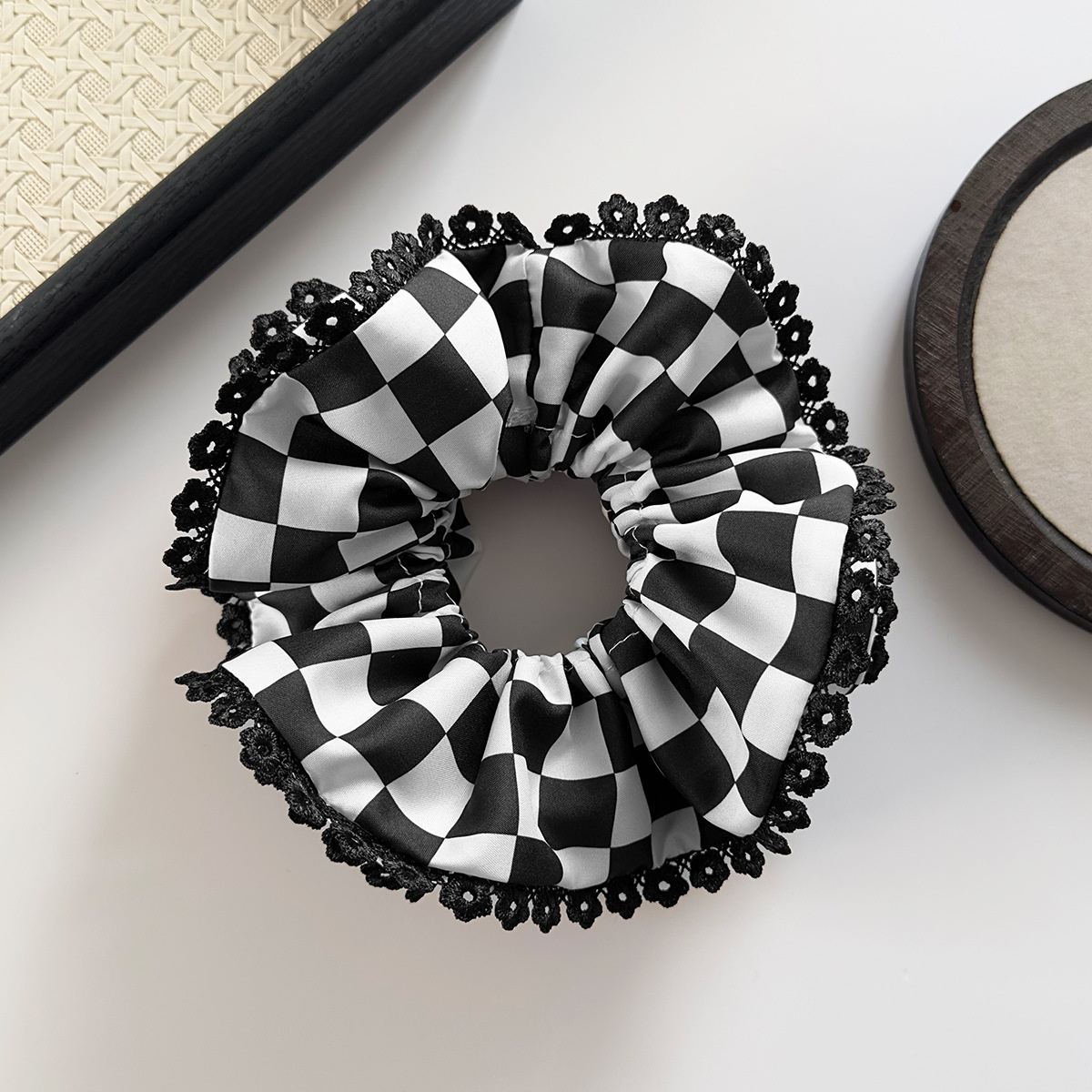 Women's Daily Double-Layer Cloth Hair Tie Black White Checkered