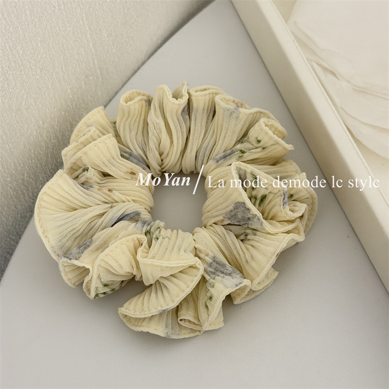 Women Chiffon Hair Tie Sweet Ditsy Floral Spring Accessory White Beige