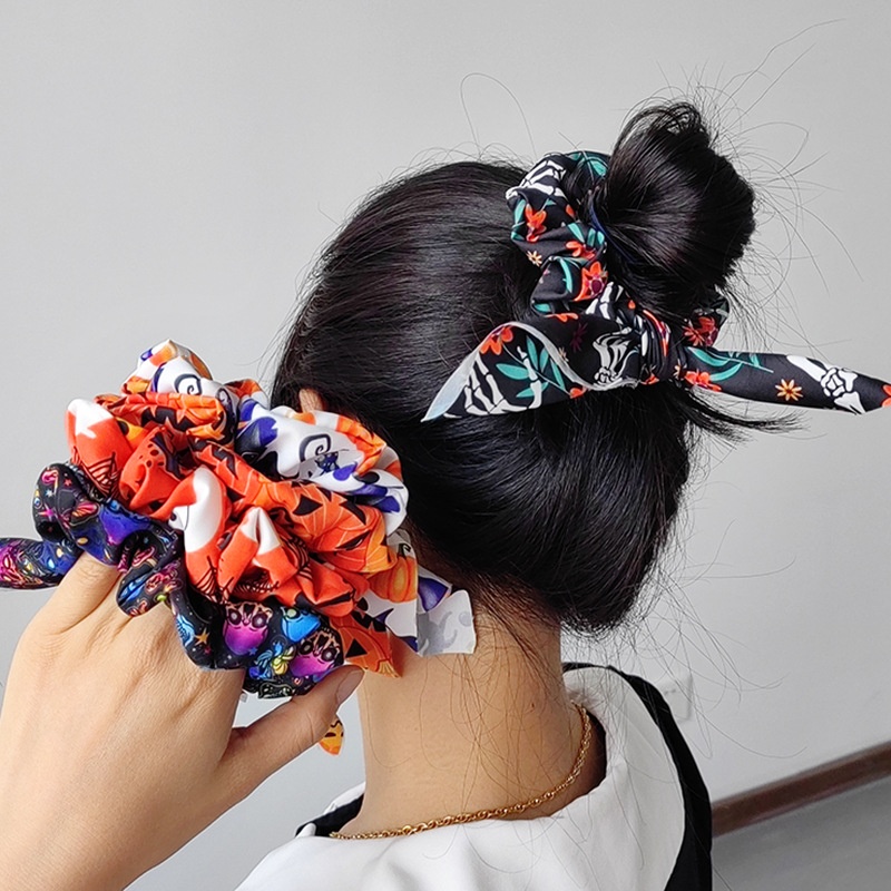 Women's Retro Large Bow Hair Tie Halloween Pumpkin Ghost Bat Print Fabric Art