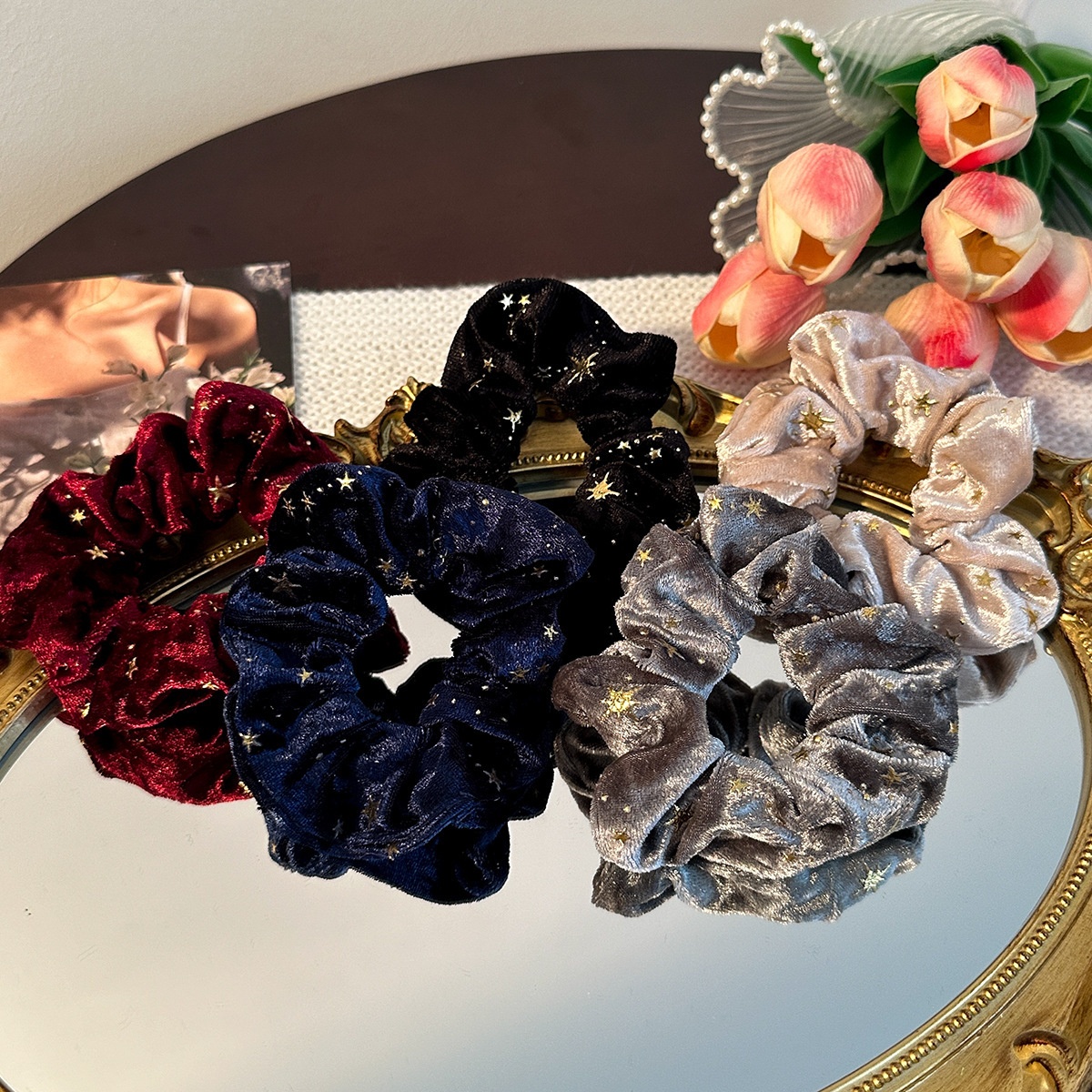 Women's Elastic Gold Velvet Bubble Headband with Star Print Pattern