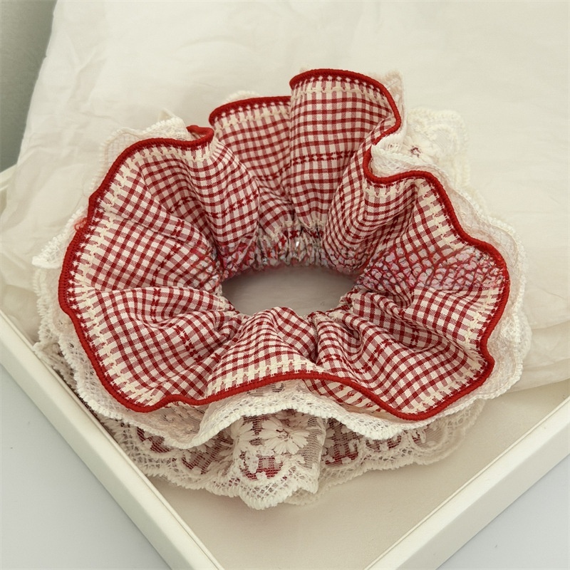 Women's Casual Cloth Hair Scrunchies Red White Plaid Patchwork