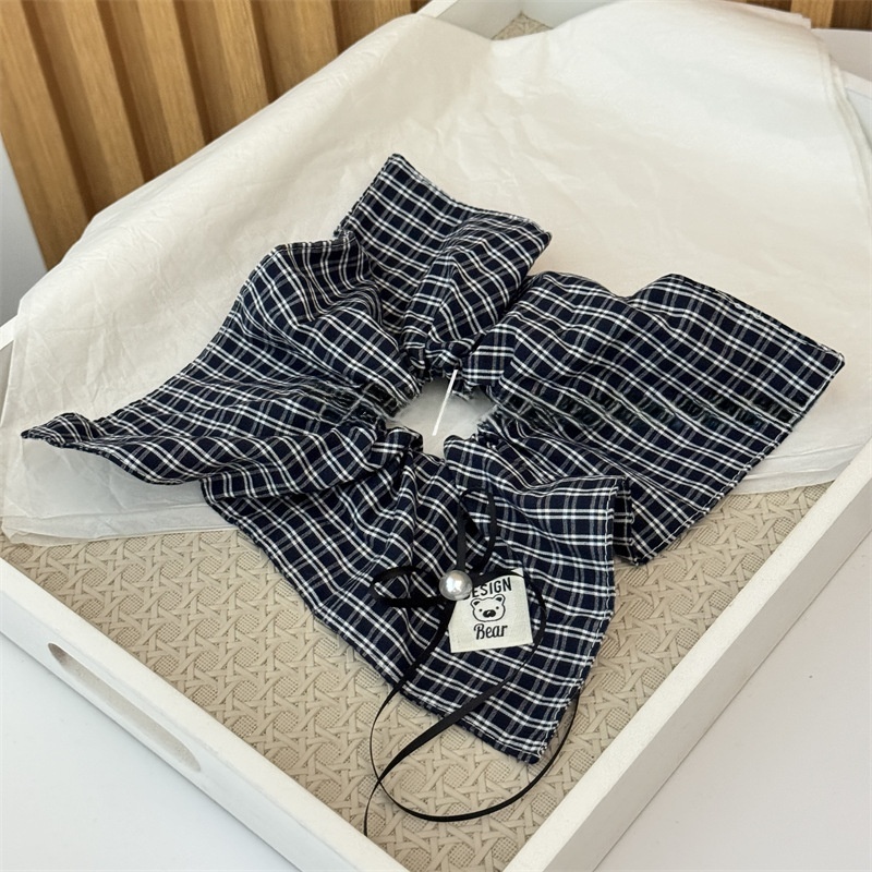 Women's Preppy Pearl Cloth Hair Scrunchies Navy Blue Checkered Plaid Pattern