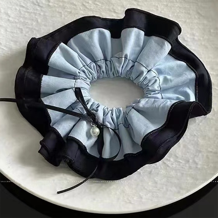 Women's Blue Pearl Knot Hairband Double Band High Elasticity Cloth Hair Tie