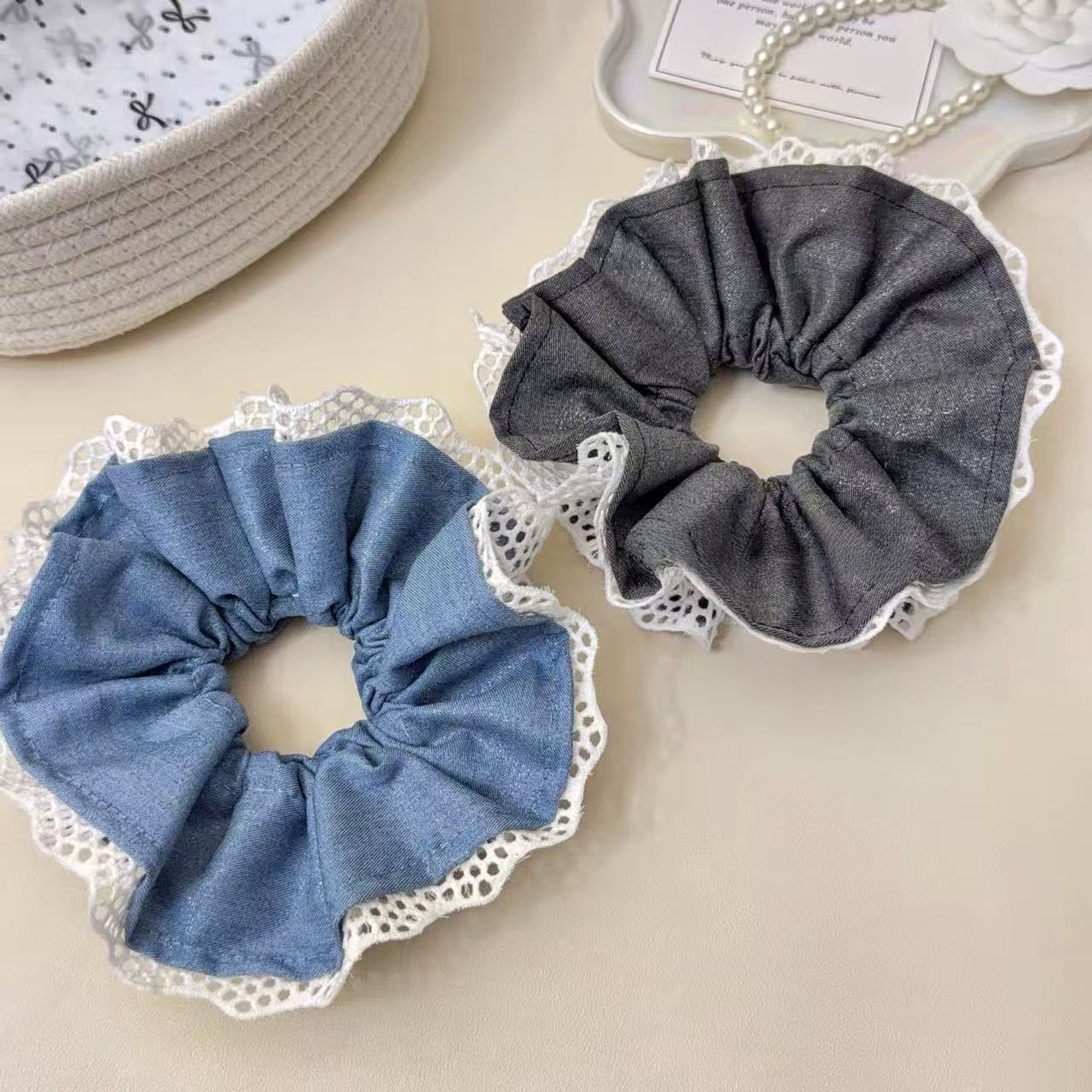 Women's Spring Lace Cloth Hair Tie Scrunchie Grey And Black Splicing