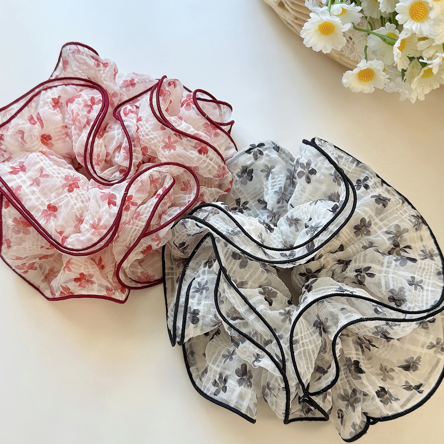 Women's Summer Gauze Scrunchie Hair Tie Pink Cherry Ditsy Floral