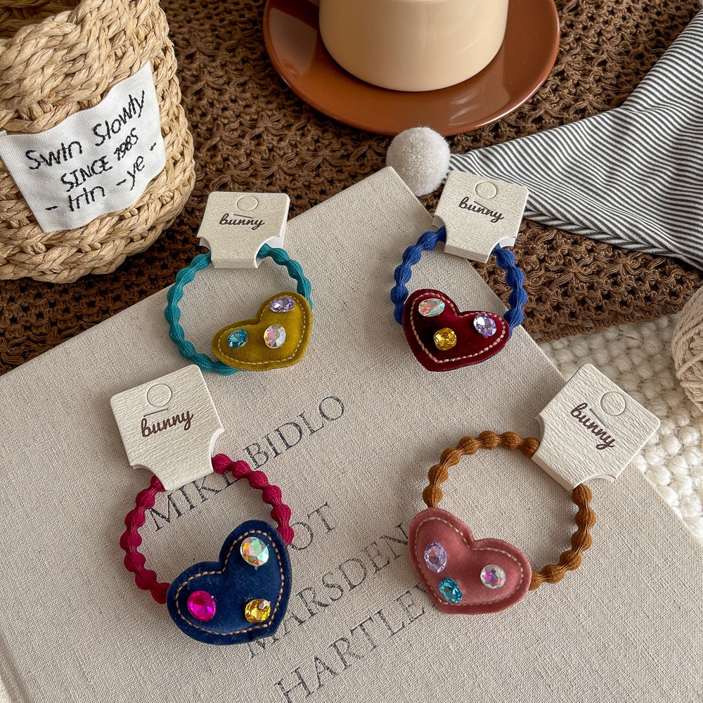 Girls High Elastic Velvet Bubble Hairband Rhinestone Heart Shape