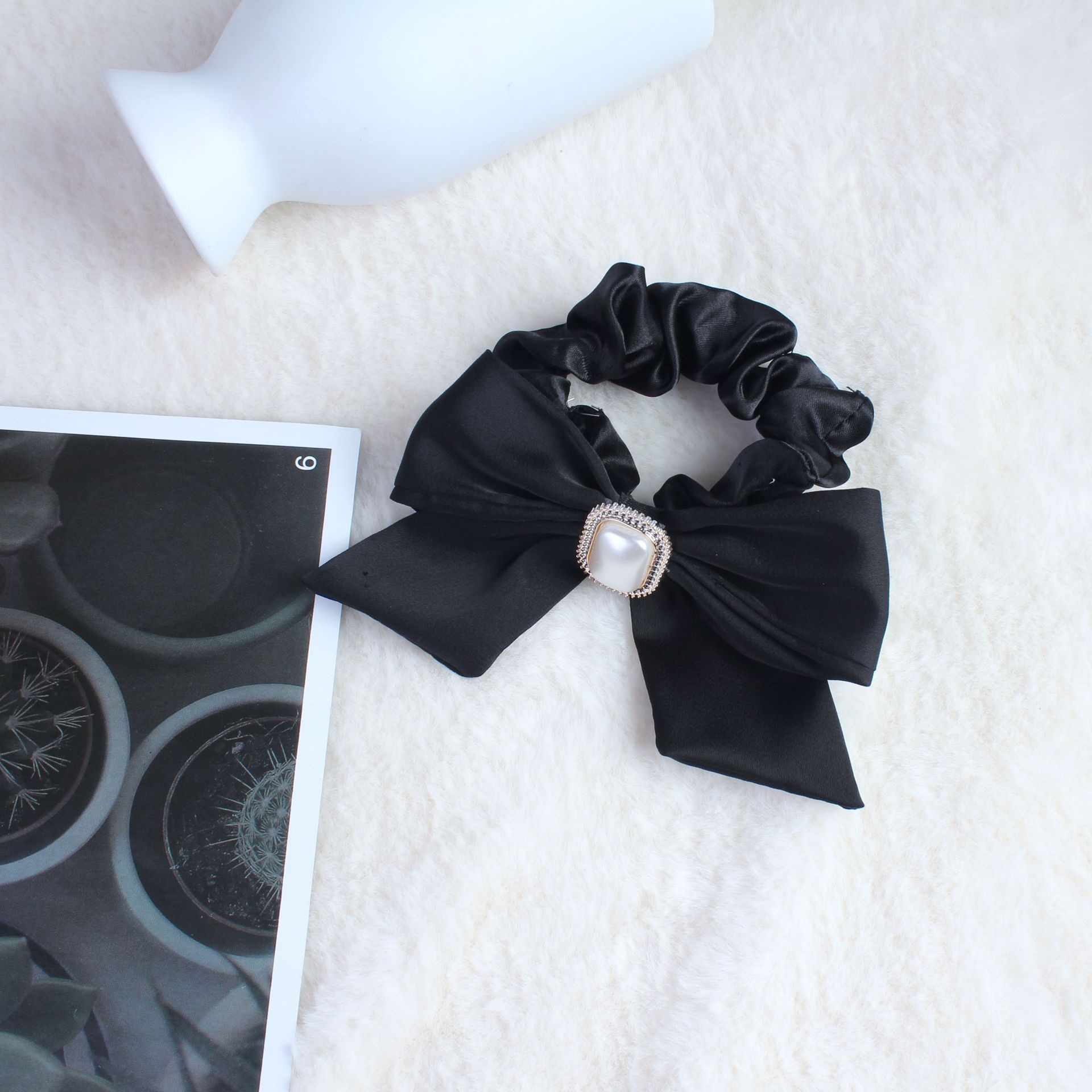 Women's Satin Pearl Bow Hair Tie, French Lolita Style Hair Accessory