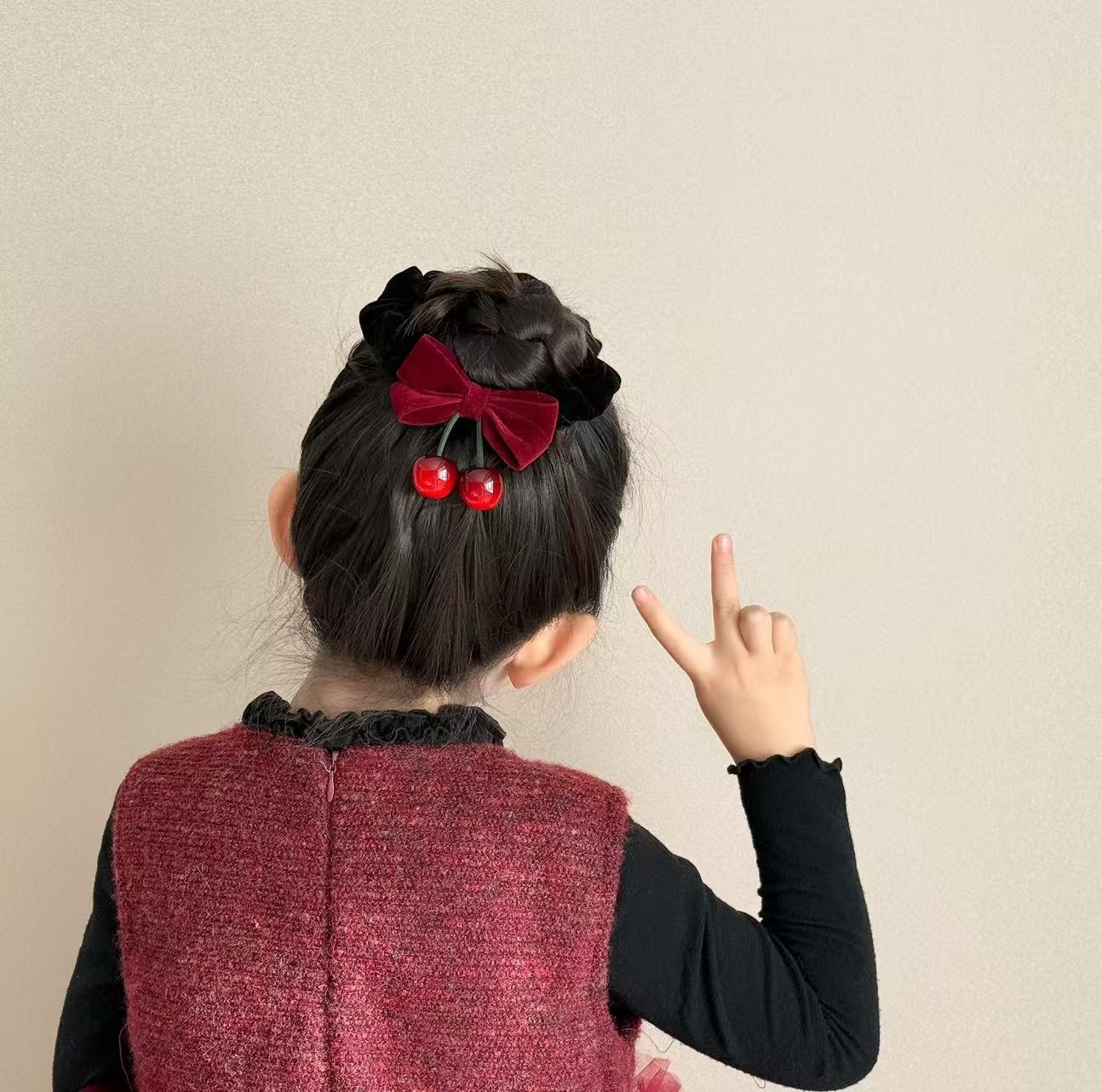 Girls Festive Velvet Headband New Year Hair Accessories Wine Red Cherry