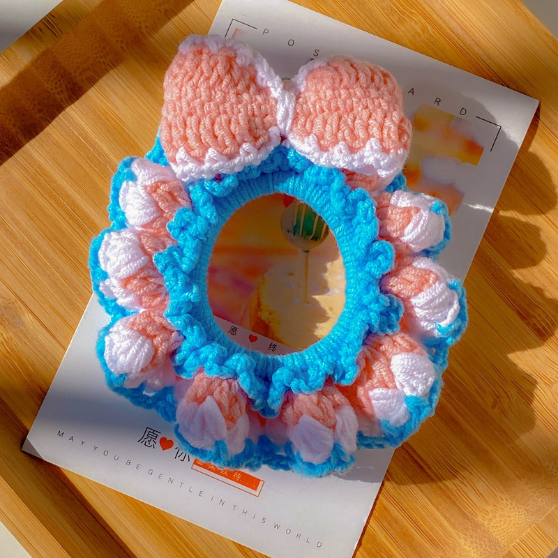 Women's Handmade Knitted Yarn Scrunchie Bellflower Bowknot Hair Tie