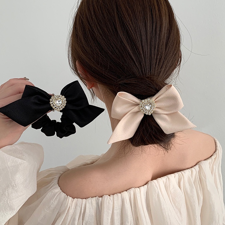Women's Elegant Satin Bow Knot Hair Tie with Sparkling Rhinestones