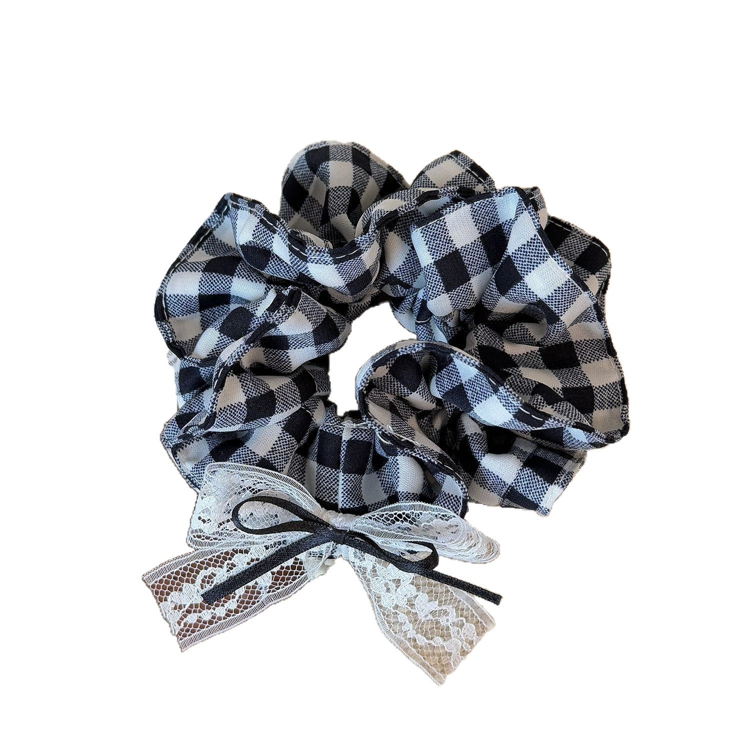 Women's Daily Cloth Bow Scrunchies Blue Black Tartan Plaid Lace